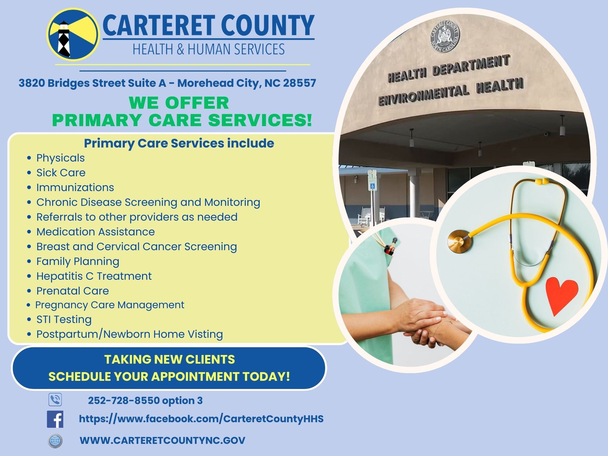 The Carteret County Health Department offers Primary Care Service.